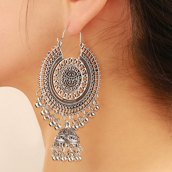 Silver boho chic earrings Indian style hoops dangle jewelry festival vacation - Picture 1 of 2